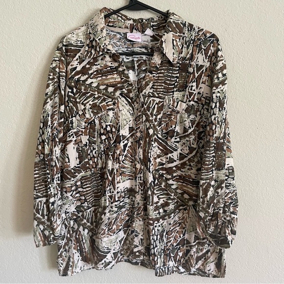 Casual woman blouse size XL button front brown fall abstract gma core 3/4 sleeve - Picture 6 of 11